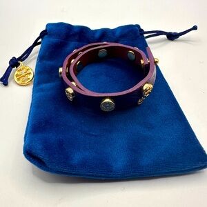 Tory Burch Purple Leather Double Wrap Bracelet-Gold Tone Flower Studs-Excel Cond